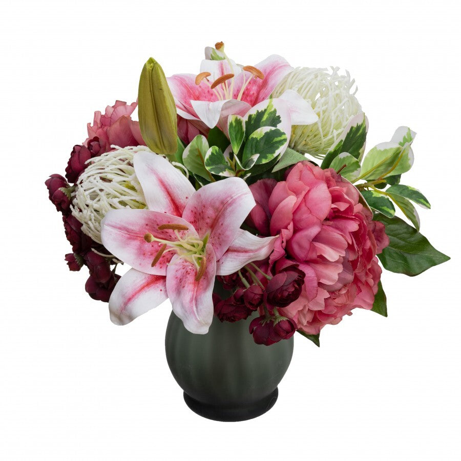 32cm Rose Peony & Wisteria Arrangement in Glass Artificial Flower Plant - Pink V563-GF-ARRG087-PK