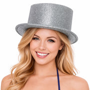 Glitter Top Hat Adult Costume Fancy Dress Party Plastic Tall Hat - Silver V563-GLTRTOPHAT-SLV