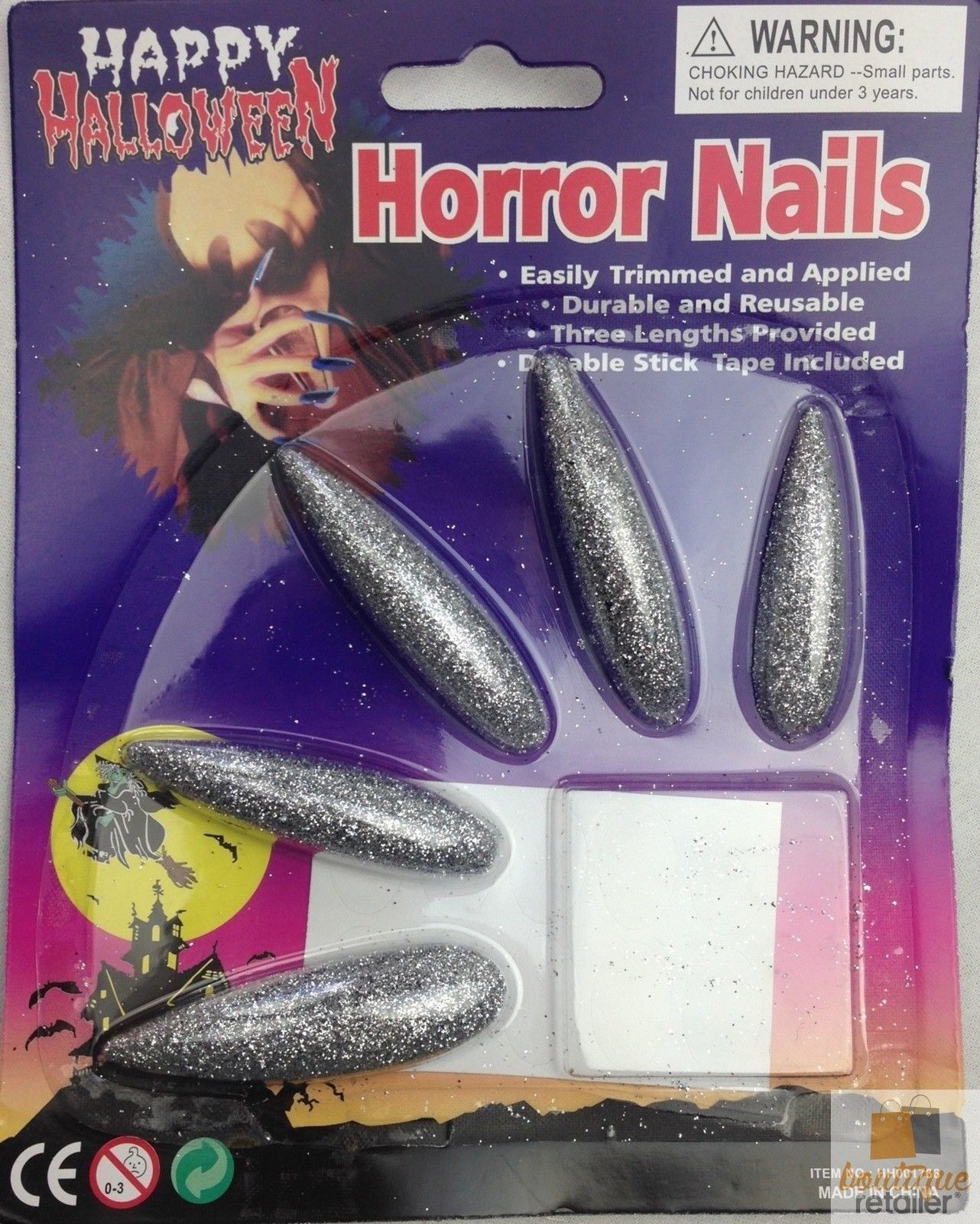 10x Long GLITTER HORROR NAILS Halloween Party Costume Accessory Vampire Witch - Silver V563-HH001766-SILVER