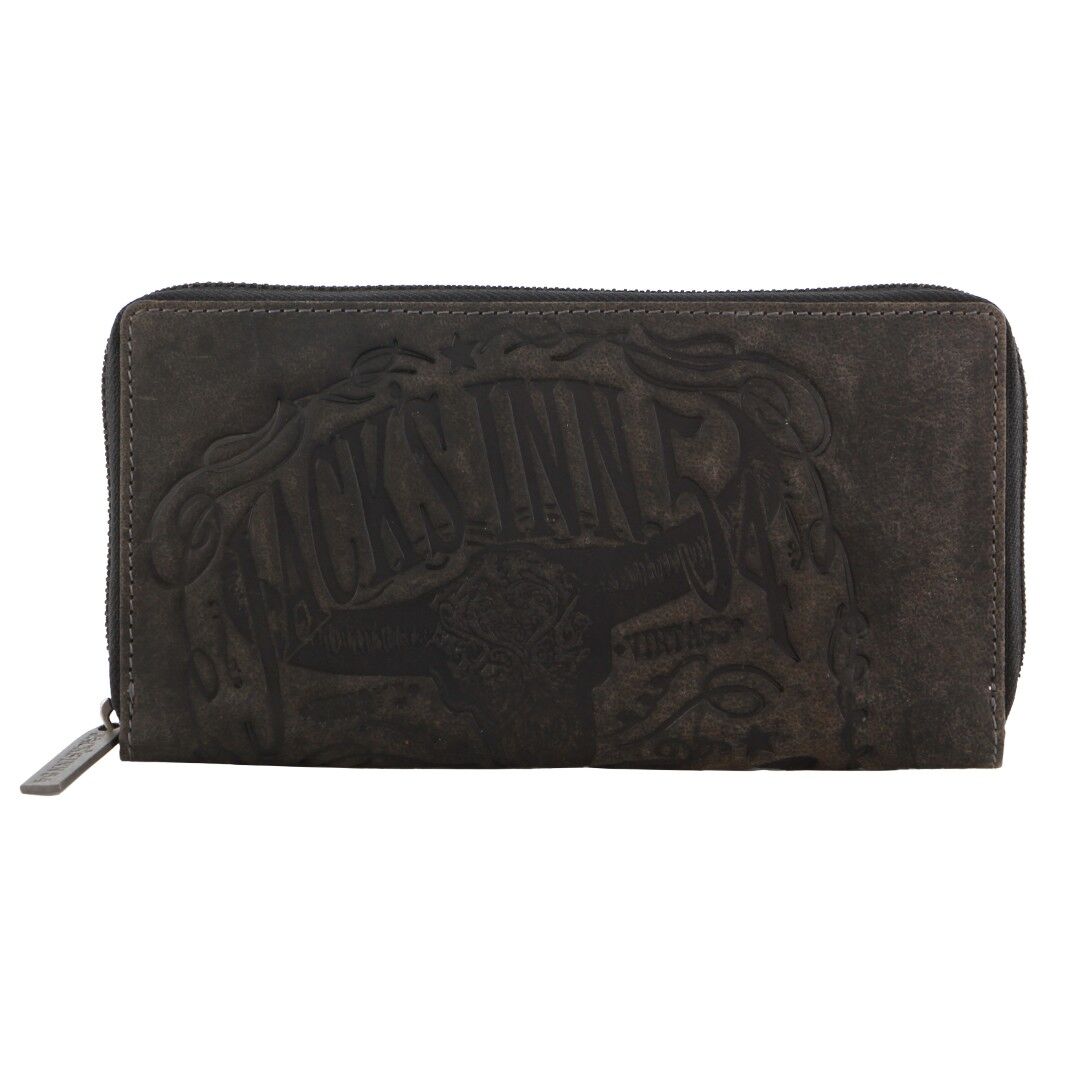 Jack's Inn Liquor Ladies Crazy Horse Leather Wallet Black Bourbon Womens Gift Set V563-JACK-20-BRN