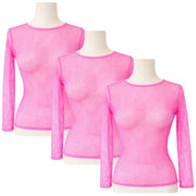 3x Womens Fishnet Mesh Tops Long Sleeve Sheer Stretch See Through - Light Pink V563-JD-12168-3-LPNK