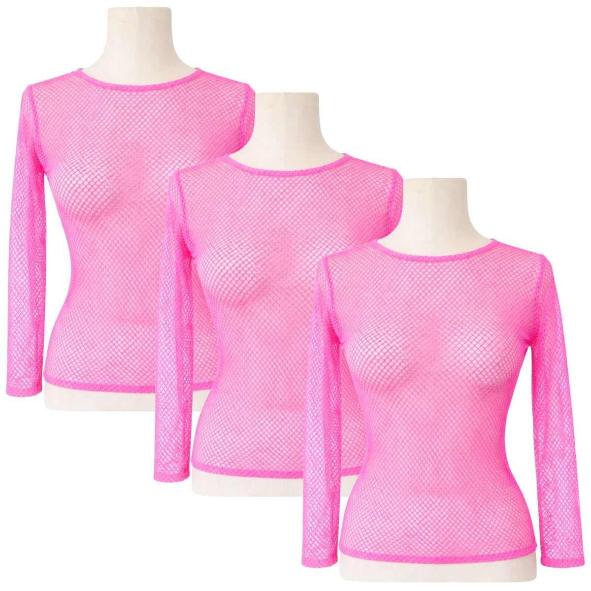 3x Womens Fishnet Mesh Tops Long Sleeve Sheer Stretch See Through - Light Pink V563-JD-12168-3-LPNK
