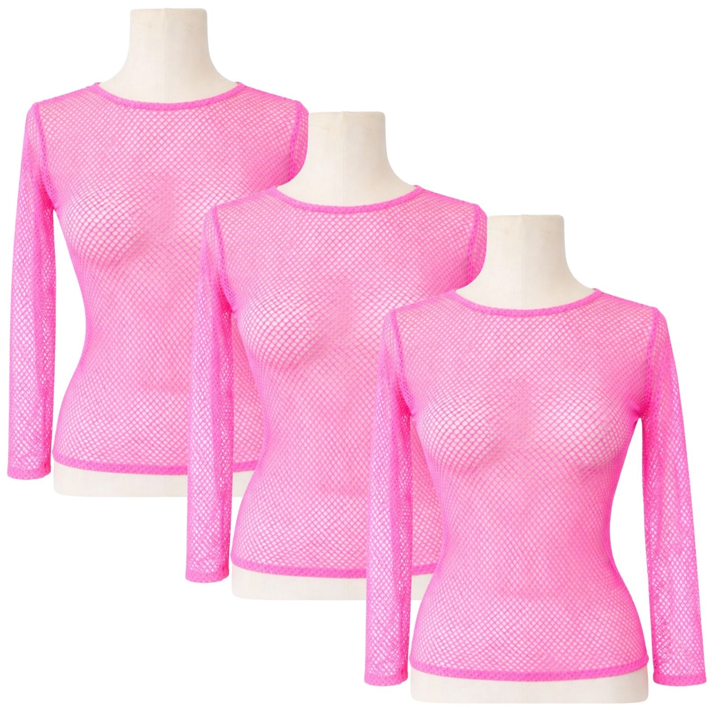 3x Womens Fishnet Mesh Tops Long Sleeve Sheer Stretch See Through - Light Pink V563-JD-12168-3-LPNK