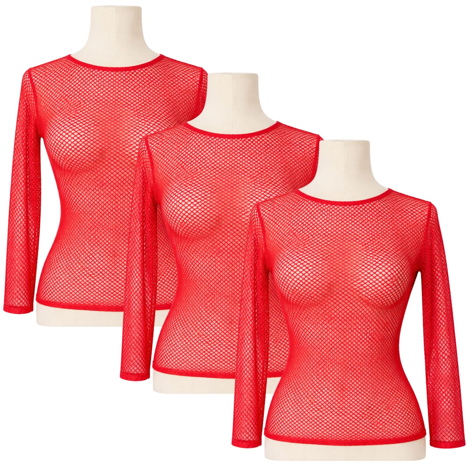 3x Womens Fishnet Mesh Top Long Sleeve Sheer Stretch See Through Costume - Red V563-JD-12168-3-RED