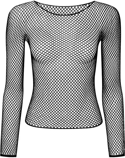 Womens Fishnet Mesh Top Long Sleeve Sheer See Through Party Costume - Black V563-JD-12168-BLK