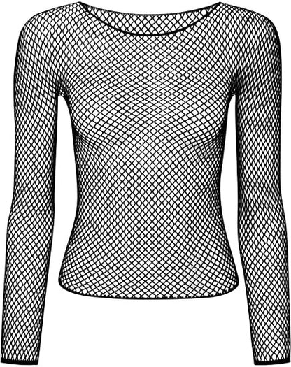 Womens Fishnet Mesh Top Long Sleeve Sheer See Through Party Costume - Black V563-JD-12168-BLK