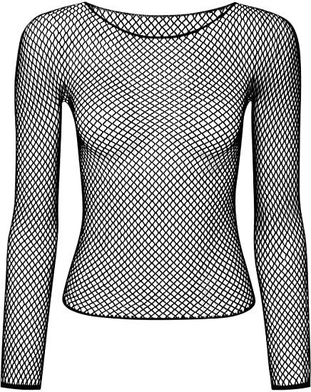 Womens Fishnet Mesh Top Long Sleeve Sheer See Through Party Costume - Black V563-JD-12168-BLK