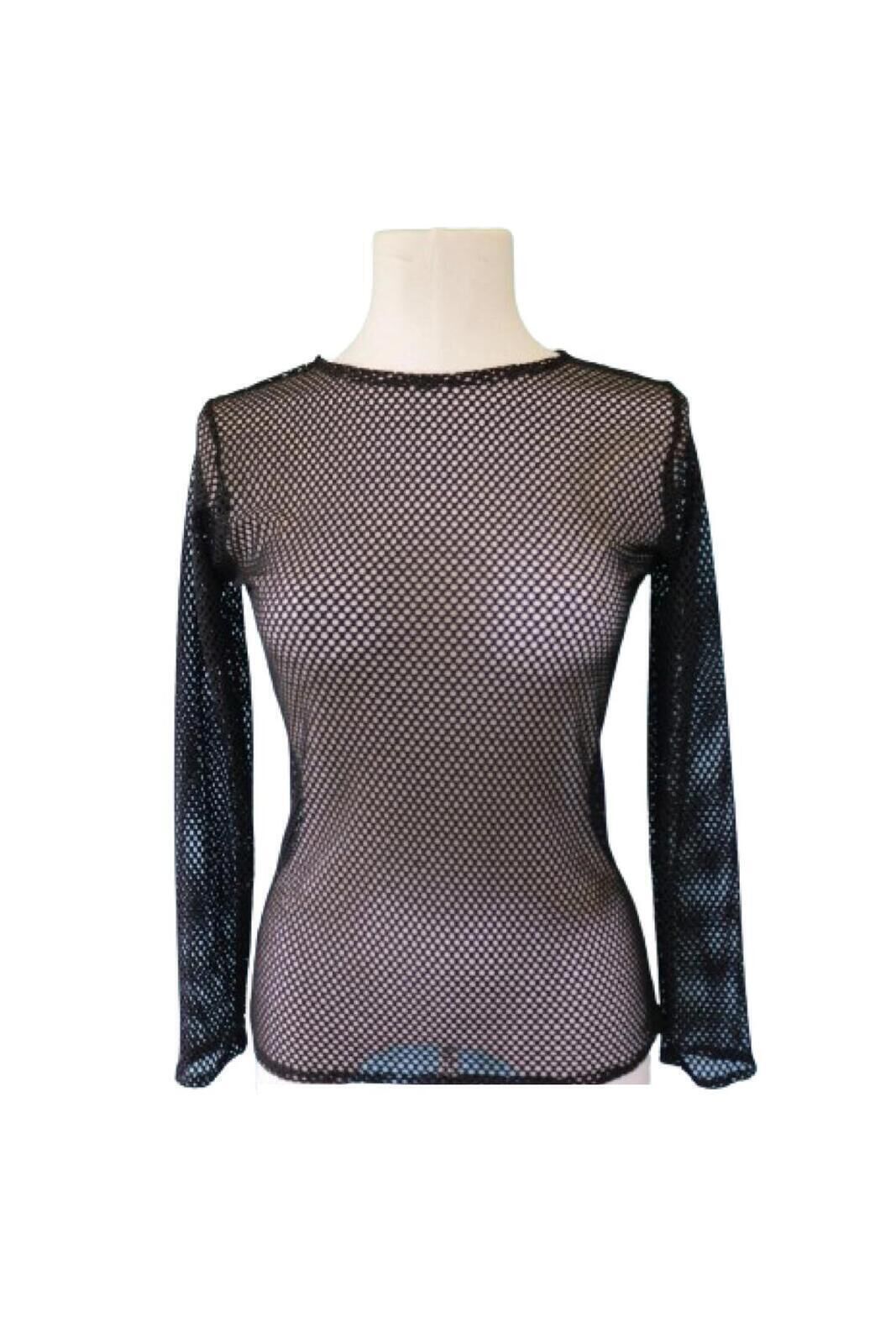 Womens Fishnet Mesh Top Long Sleeve Sheer See Through Party Costume - Black V563-JD-12168-BLK