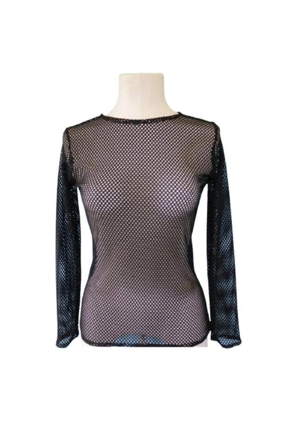Womens Fishnet Mesh Top Long Sleeve Sheer See Through Party Costume - Black V563-JD-12168-BLK