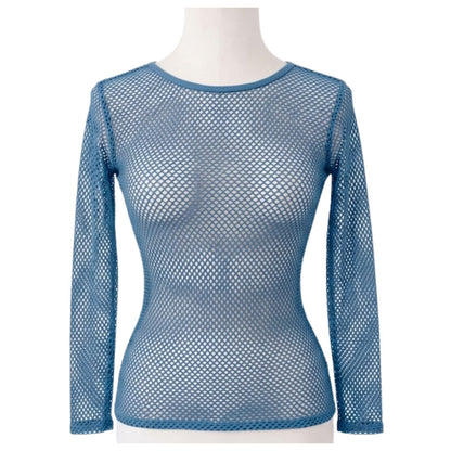 Womens Fishnet Mesh Top Long Sleeve Sheer See Through Party Costume - Blue V563-JD-12168-BLU