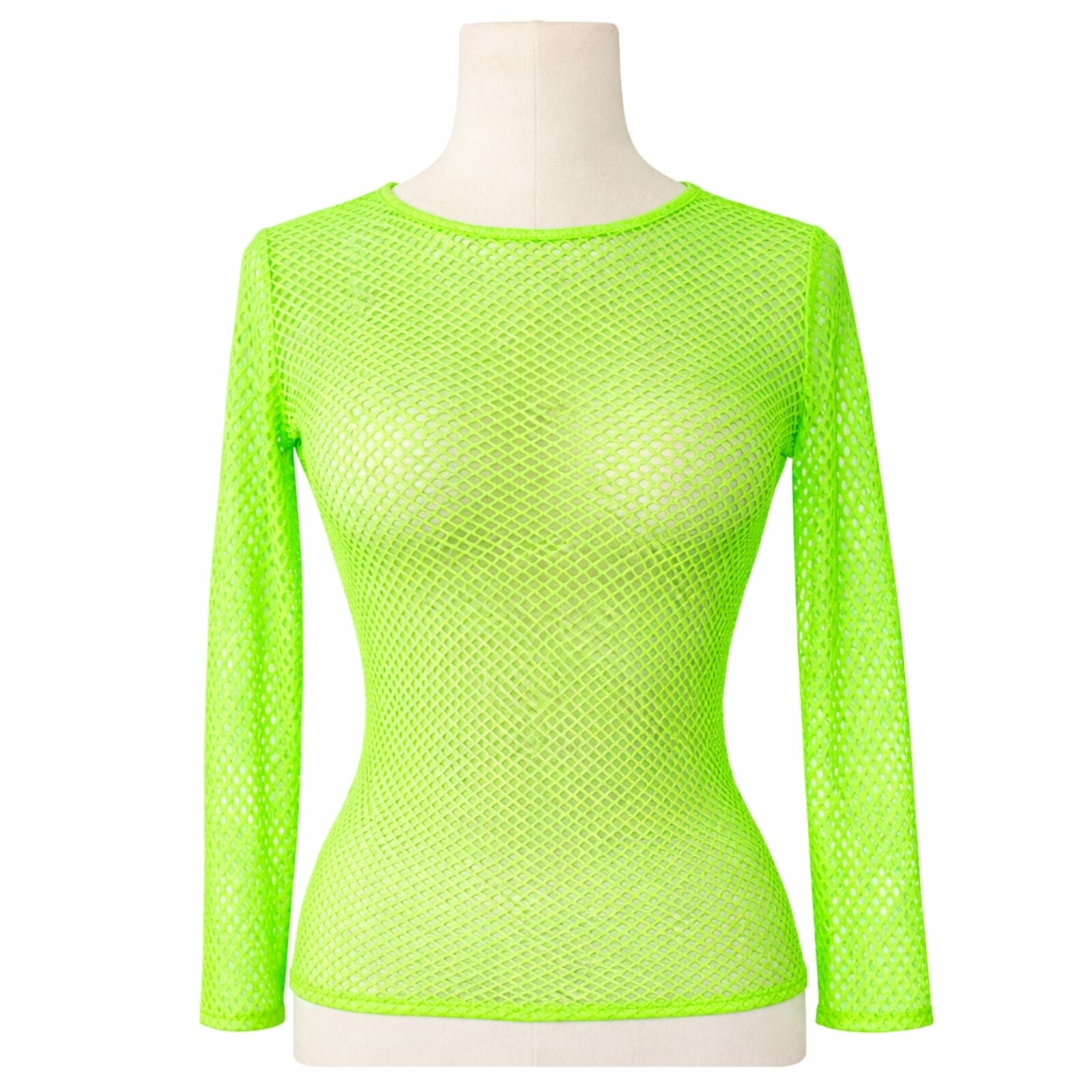 Womens Fishnet Mesh Top Long Sleeve Sheer See Through Costume - Fluro Green V563-JD-12168-FLUROGRN