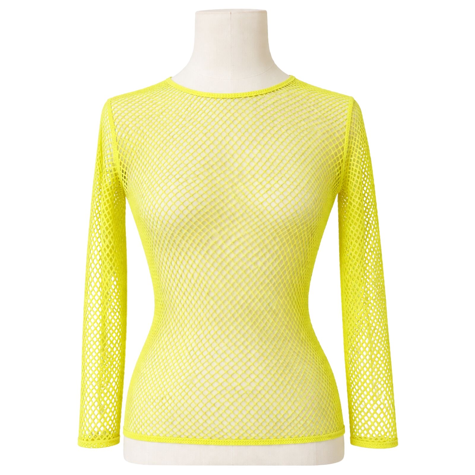 Womens Fishnet Mesh Top Long Sleeve Sheer See Through Costume - Fluro Yellow V563-JD-12168-FLUROYLW