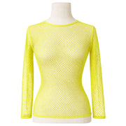 Womens Fishnet Mesh Top Long Sleeve Sheer See Through Costume - Fluro Yellow V563-JD-12168-FLUROYLW