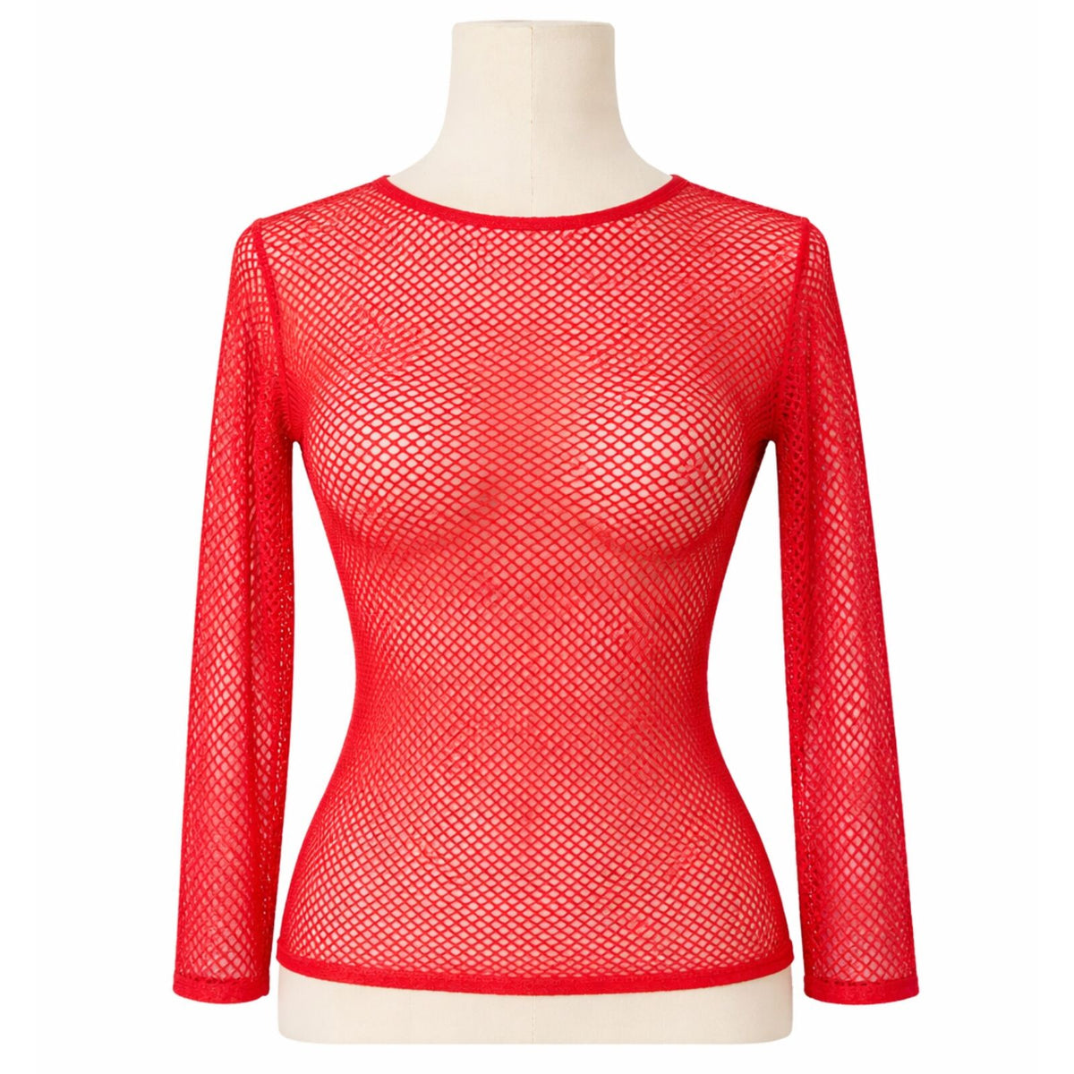 Womens Fishnet Mesh Top Long Sleeve Sheer See Through Party Costume - Red V563-JD-12168-RED