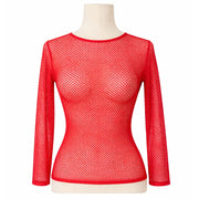 Womens Fishnet Mesh Top Long Sleeve Sheer See Through Party Costume - Red V563-JD-12168-RED