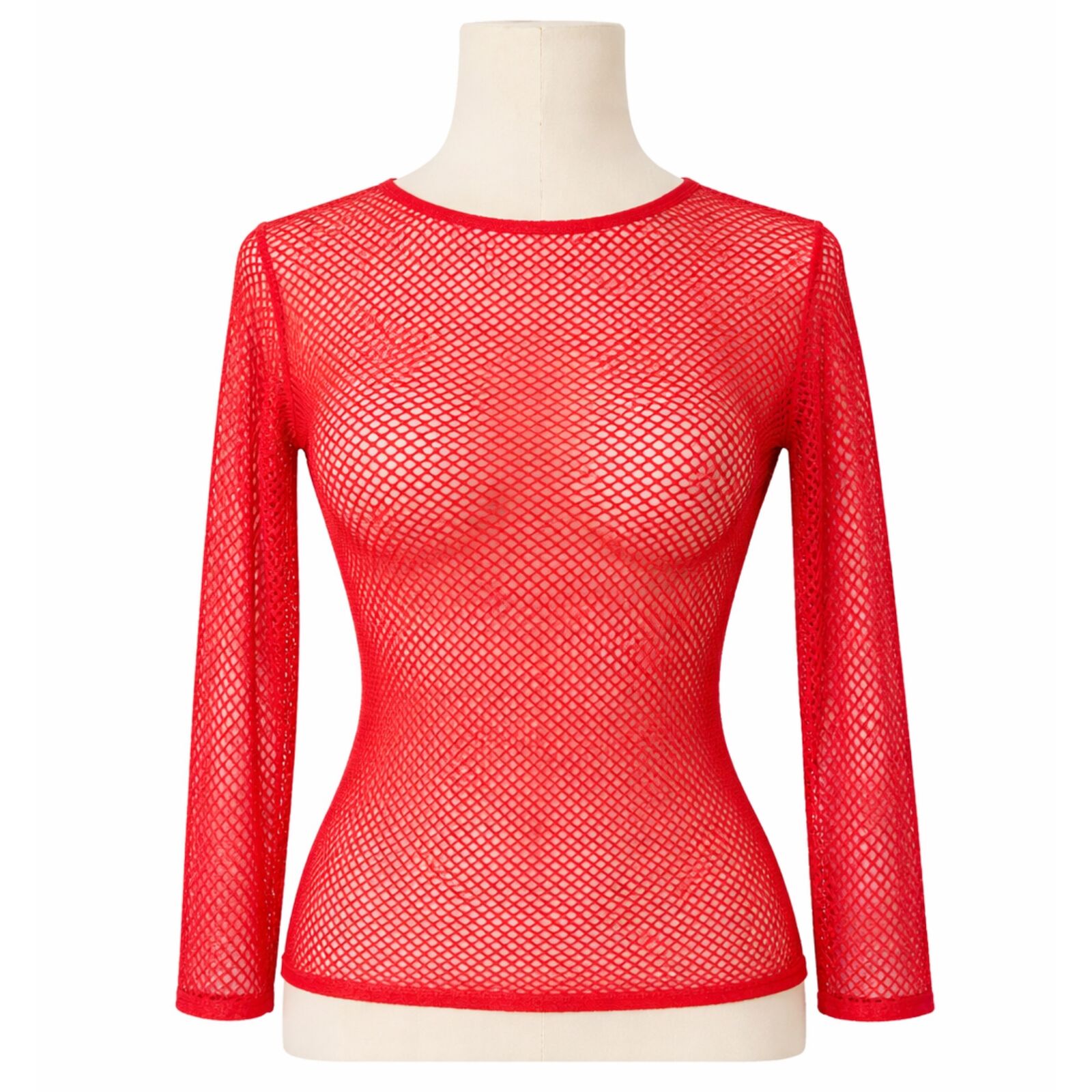 Womens Fishnet Mesh Top Long Sleeve Sheer See Through Party Costume - Red V563-JD-12168-RED