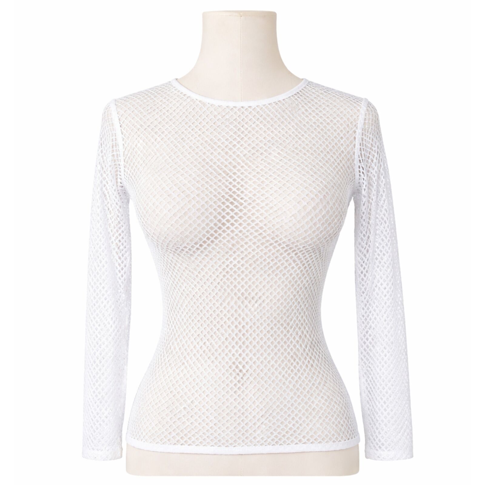 Womens Fishnet Mesh Top Long Sleeve Sheer See Through Party Costume - White V563-JD-12168-WHT