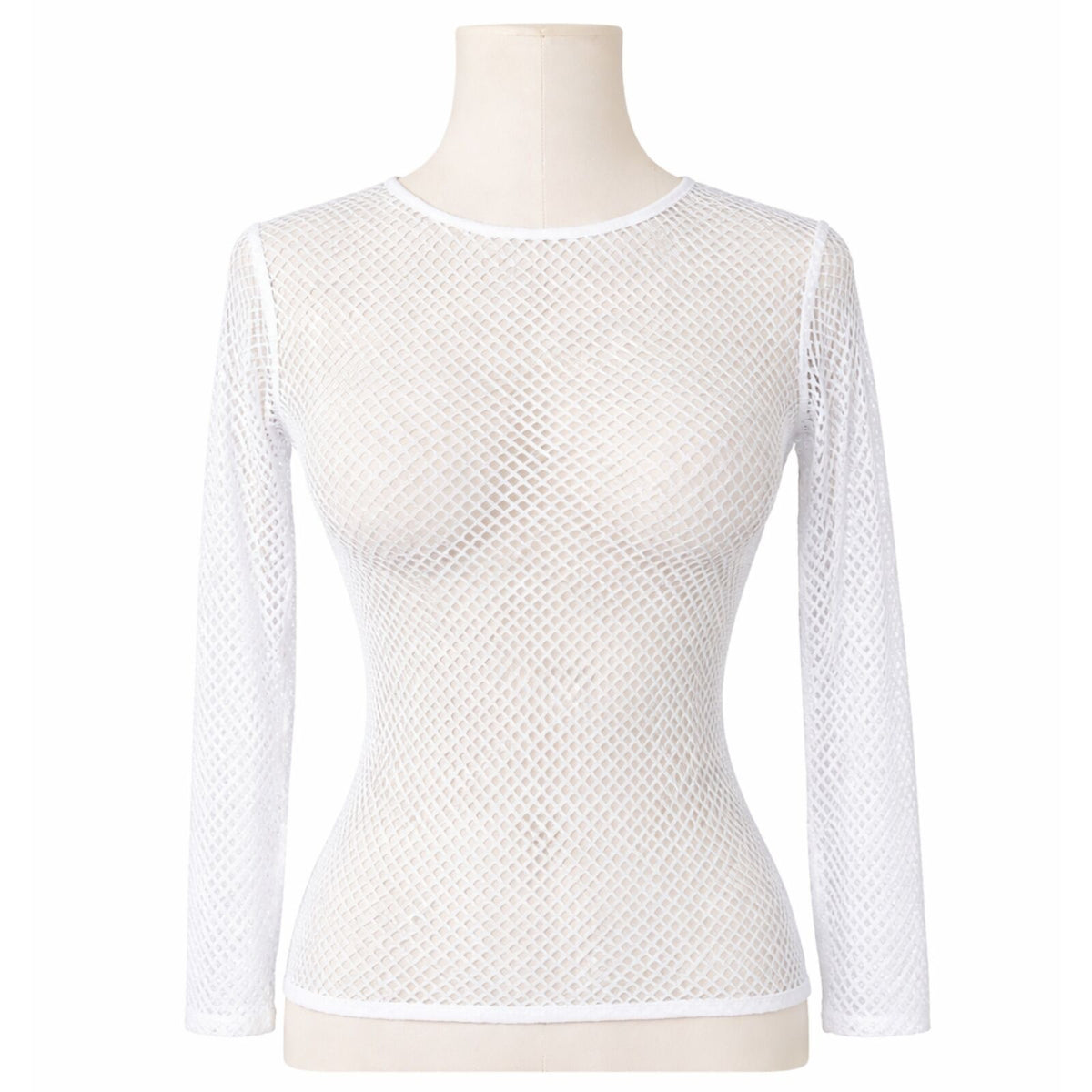 Womens Fishnet Mesh Top Long Sleeve Sheer See Through Party Costume - White V563-JD-12168-WHT