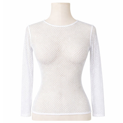 Womens Fishnet Mesh Top Long Sleeve Sheer See Through Party Costume - White V563-JD-12168-WHT