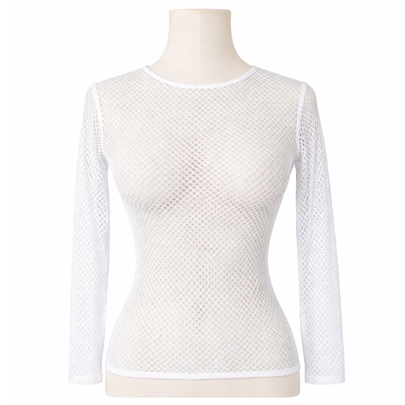Womens Fishnet Mesh Top Long Sleeve Sheer See Through Party Costume - White V563-JD-12168-WHT