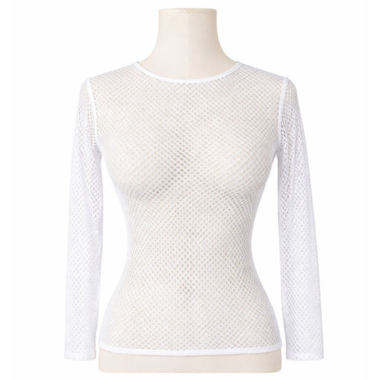 Womens Fishnet Mesh Top Long Sleeve Sheer See Through Party Costume - White V563-JD-12168-WHT