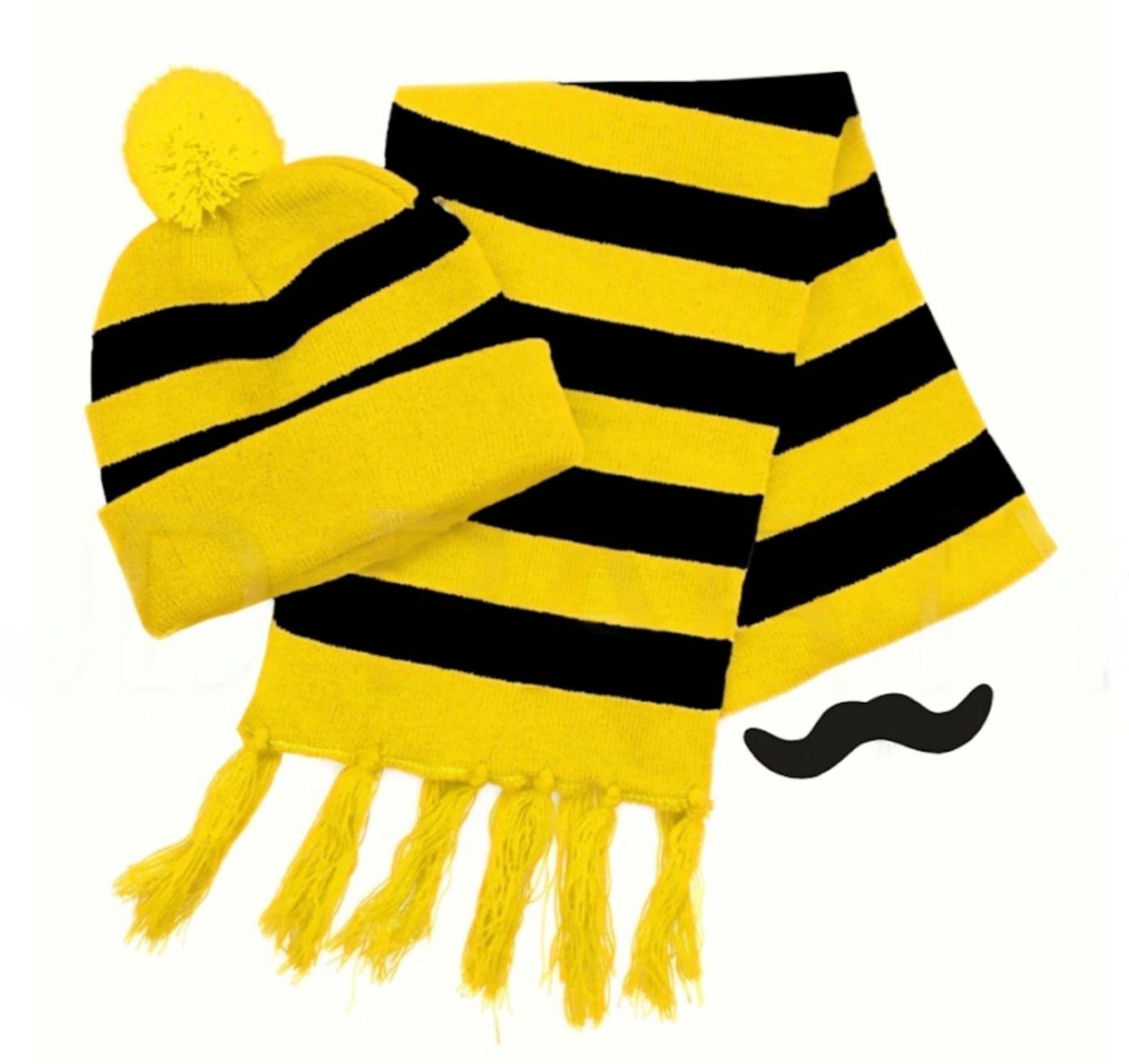 Tigers Beanie Hat & Scarf Set Party Costume w Moustache Warm Winter - Black/Yellow Stripe V563-JD-12184