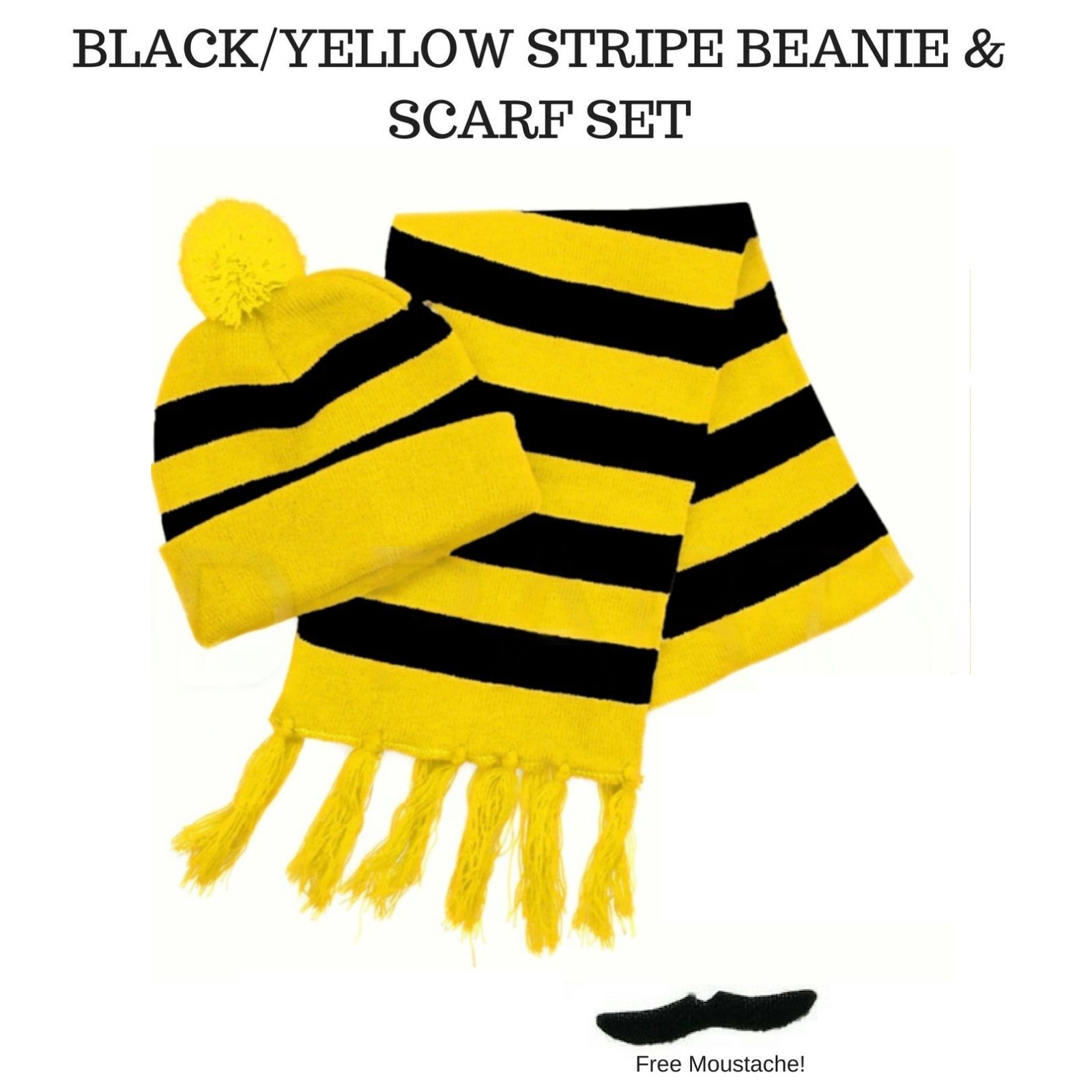 Tigers Beanie Hat & Scarf Set Party Costume w Moustache Warm Winter - Black/Yellow Stripe V563-JD-12184