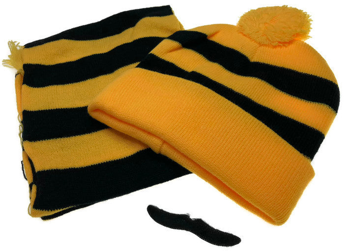 Tigers Beanie Hat & Scarf Set Party Costume w Moustache Warm Winter - Black/Yellow Stripe V563-JD-12184