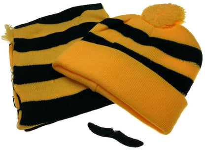 Tigers Beanie Hat & Scarf Set Party Costume w Moustache Warm Winter - Black/Yellow Stripe V563-JD-12184