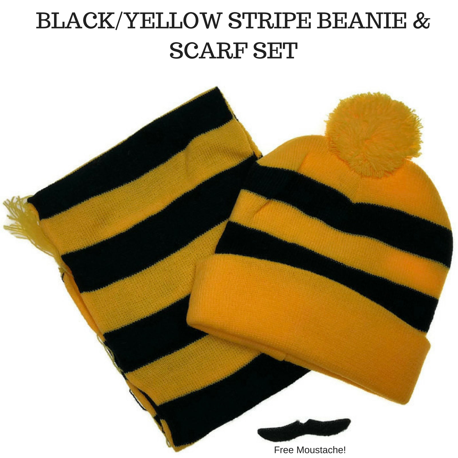 Tigers Beanie Hat & Scarf Set Party Costume w Moustache Warm Winter - Black/Yellow Stripe V563-JD-12184