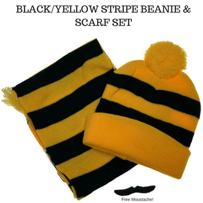 Tigers Beanie Hat & Scarf Set Party Costume w Moustache Warm Winter - Black/Yellow Stripe V563-JD-12184