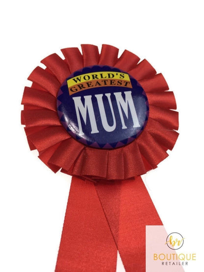 WORLD'S GREATEST MUM Red Ribbon Badge Award MOTHERS DAY Gift Fun Fancy Party V563-JD-WORLDSGREATESTMUM