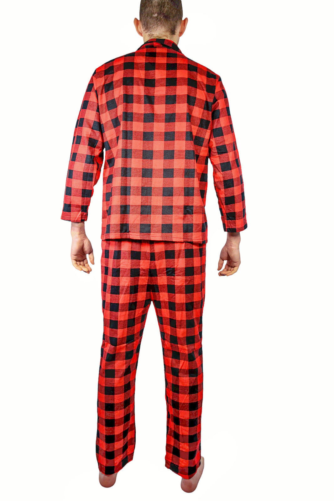 Mens Flannelette Pyjama Set 100% Cotton Long Sleeve Pants Soft Warm PJs - Red - XL
