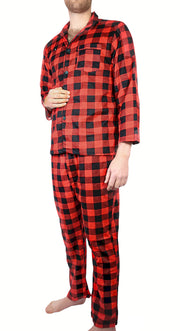 Mens Flannelette Pyjama Set 100% Cotton Long Sleeve Pants Soft Warm PJs - Red - XXL