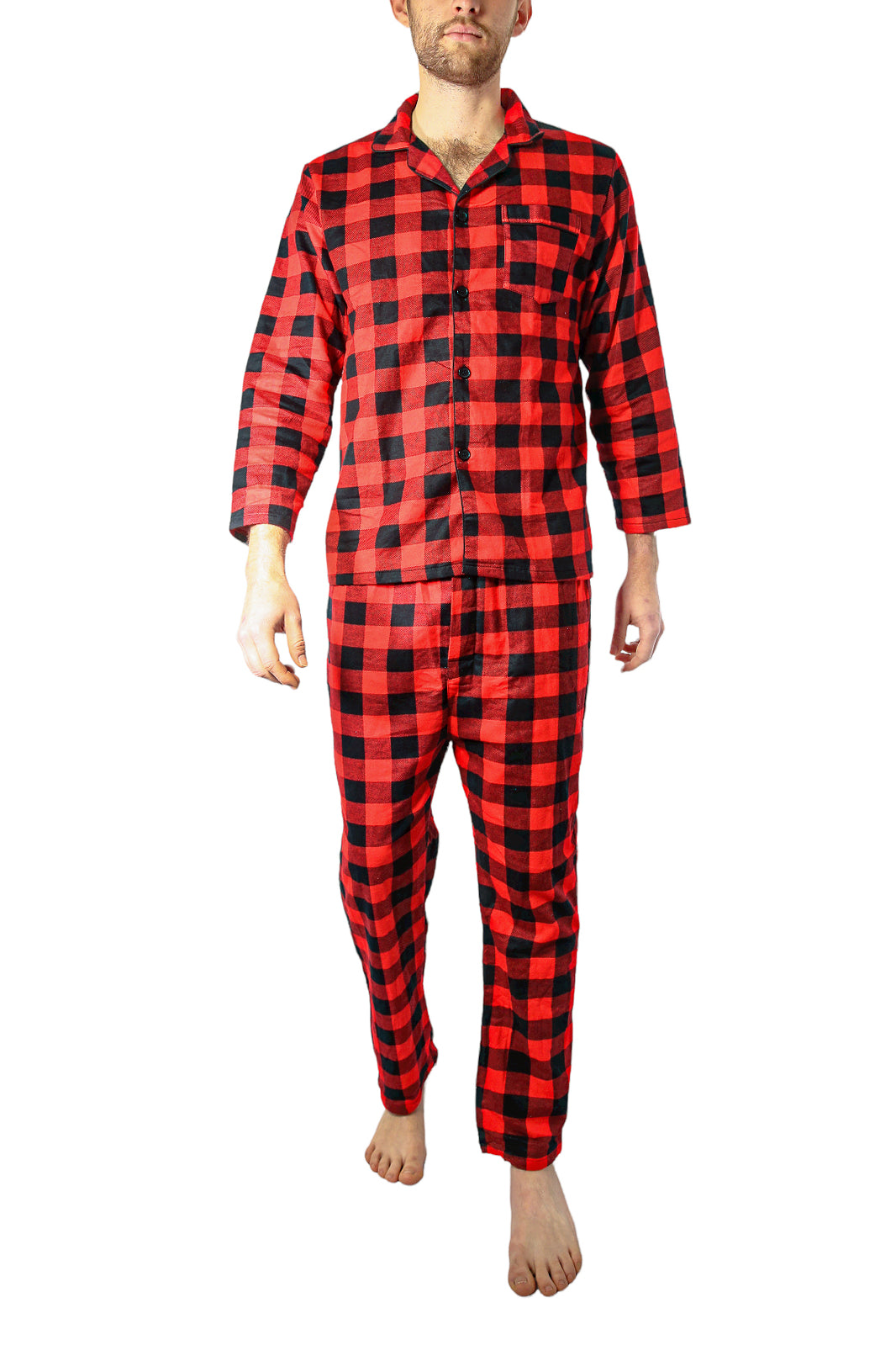 Mens Flannelette Pyjama Set 100% Cotton Long Sleeve Pants Soft Warm PJs - Red - XXL