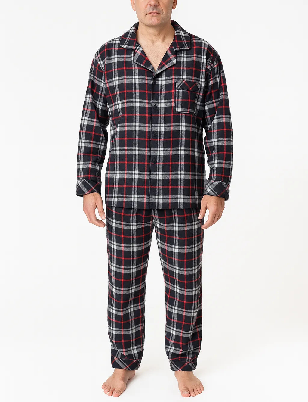 Mens Plus Size Flannelette Pyjamas 100% Cotton PJs Set Top Pants in Red Check - L