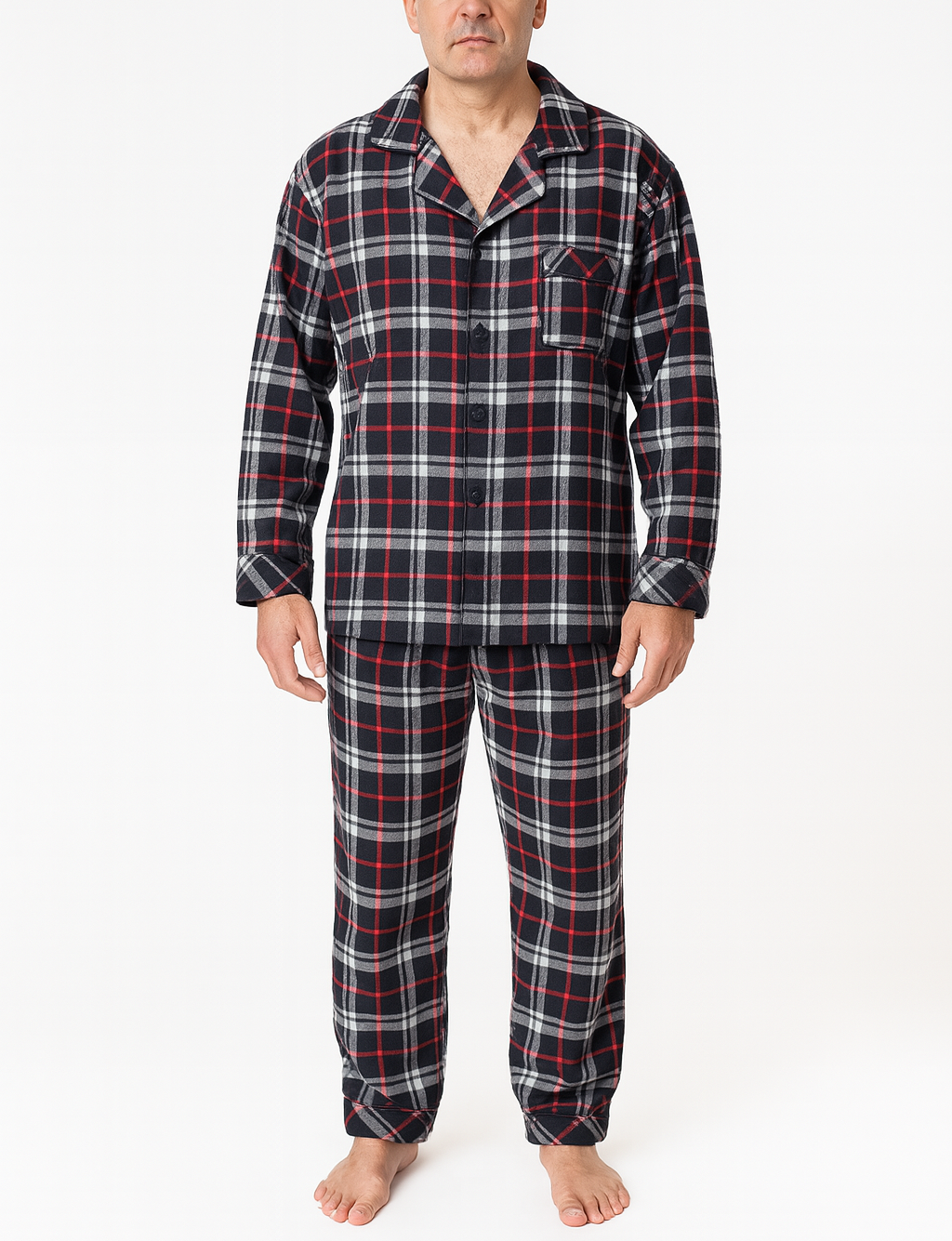 Mens Plus Size Flannelette Pyjamas 100% Cotton PJs Set Top Pants in Red Check - S