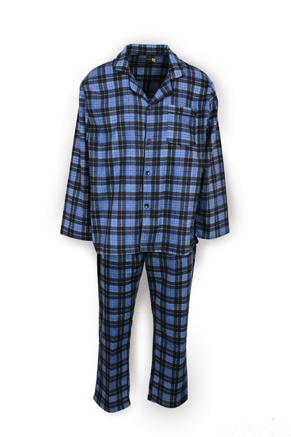 Mens Flannelette Pyjama Set Sleepwear Soft 100% Cotton PJs - Blue Check - XL V563-JSPJ4-24-48-XL