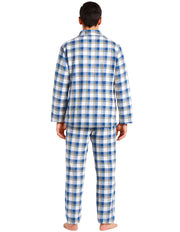 Mens Flannelette Pyjama Set Sleepwear Soft 100% Cotton PJs Two Piece - Light Blue Check - XXL