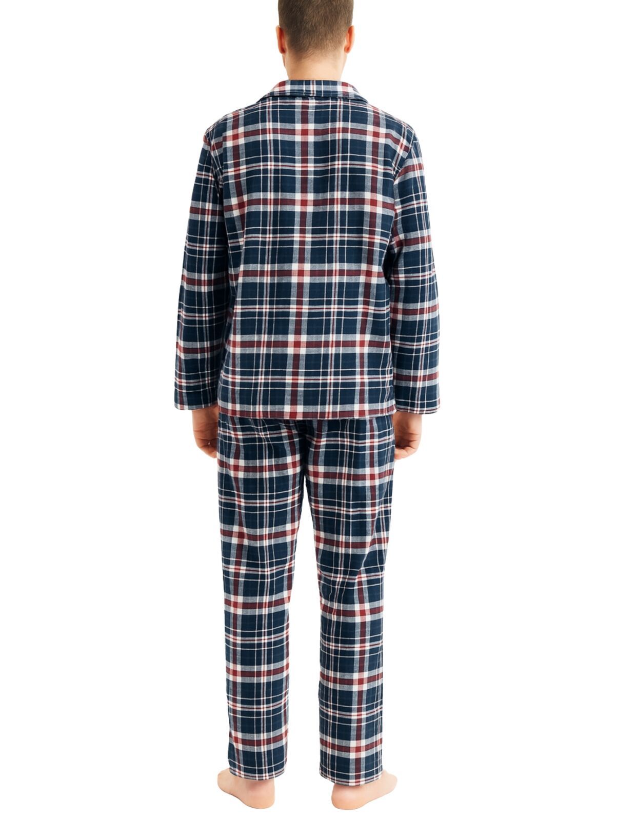 Mens Flannelette Pyjama Set Sleepwear Soft 100% Cotton PJs Two Piece - Navy/Red Check - 5XL