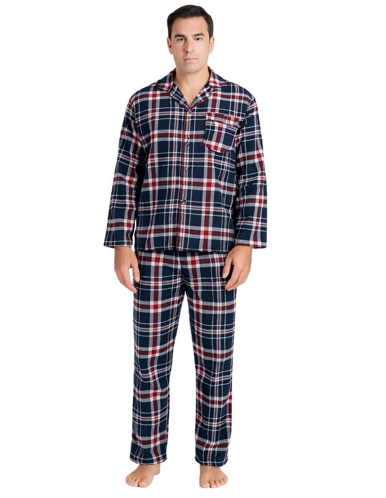 Mens Flannelette Pyjama Set Sleepwear Soft 100% Cotton PJs Two Piece - Navy/Red Check - 6XL