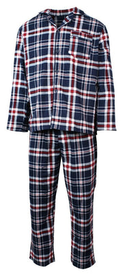 Mens Flannelette Pyjama Set Sleepwear Soft 100% Cotton PJs Two Piece - Navy/Red Check - XXL
