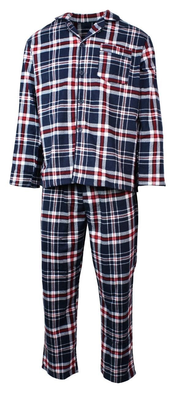 Mens Flannelette Pyjama Set Sleepwear Soft 100% Cotton PJs Two Piece - Navy/Red Check - XXL