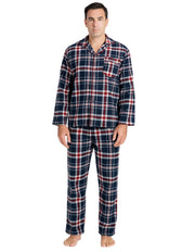 Mens Flannelette Pyjama Set Sleepwear Soft 100% Cotton PJs Two Piece - Navy/Red Check - XXL