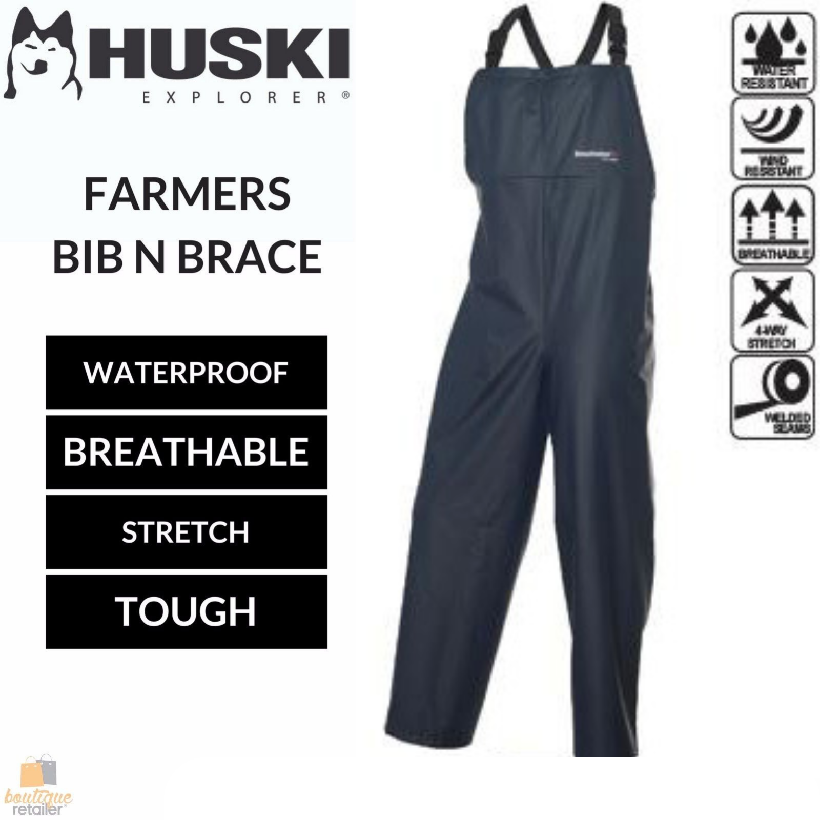 HUSKI OVERALLS Farmers Bib N Brace Waterproof Stretch Windproof Work - Navy - L V563-K8097-L