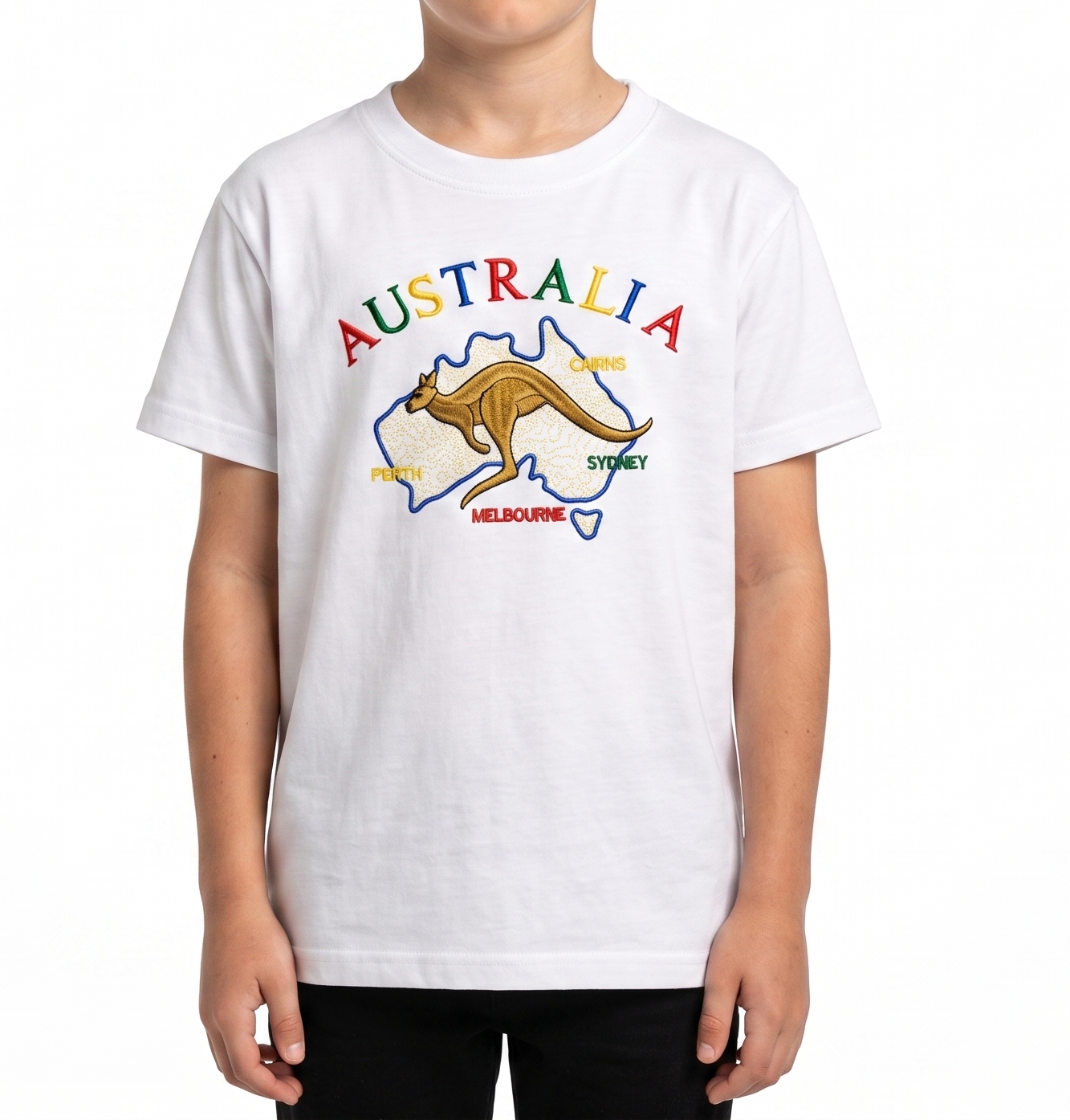 Kids Australia Kangaroo T Shirt Tee Childrens Child 100% Cotton Top - White - 14