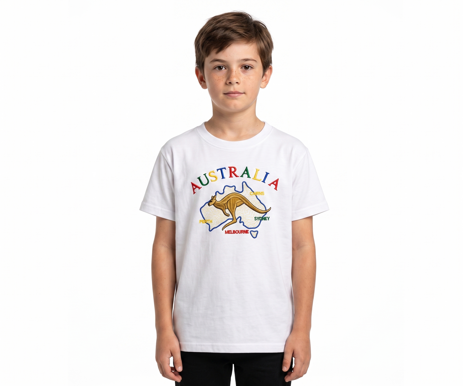 Kids Australia Kangaroo T Shirt Tee Childrens Child 100% Cotton Top - White - 14