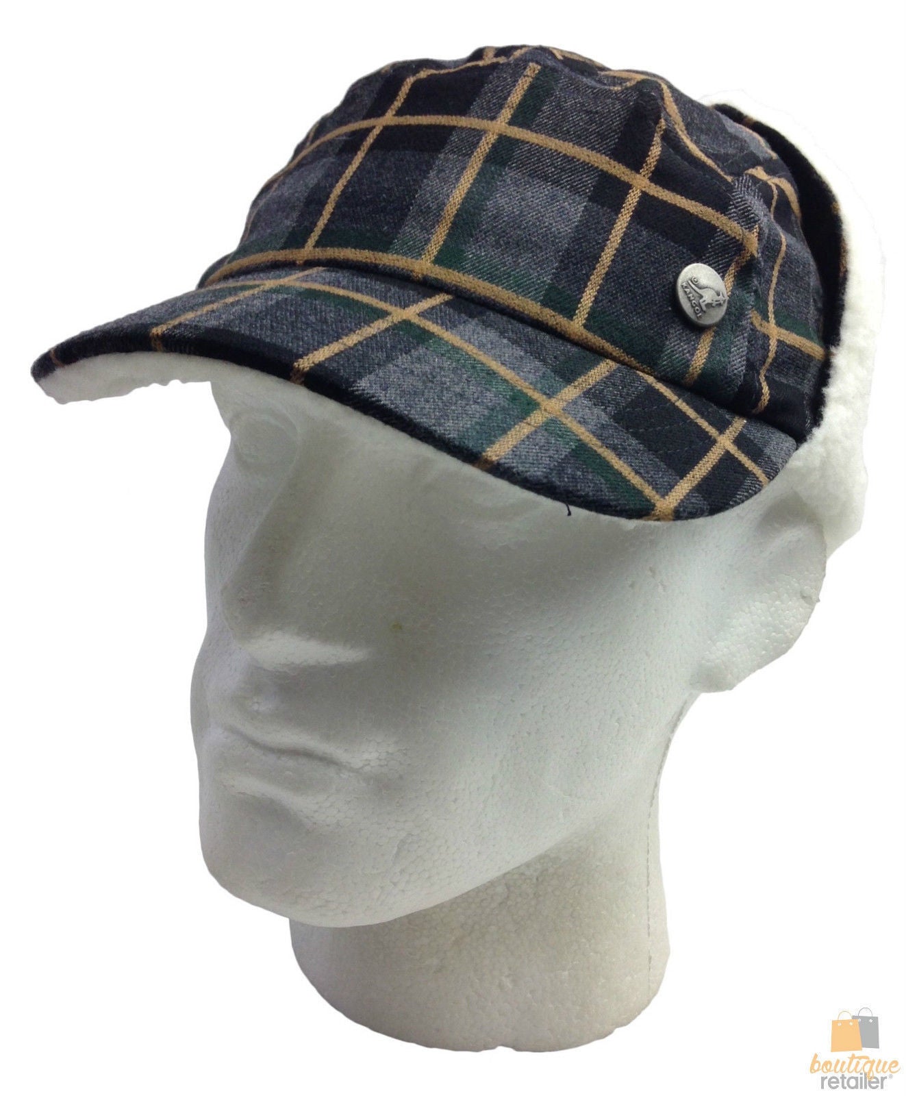 Plaid Supre Trapper Ushanka Hat Sherpa Lined Winter Ear Flap Cap - Grey/Black - S/M V563-KNGOL-K1502FA-CP316-S_M