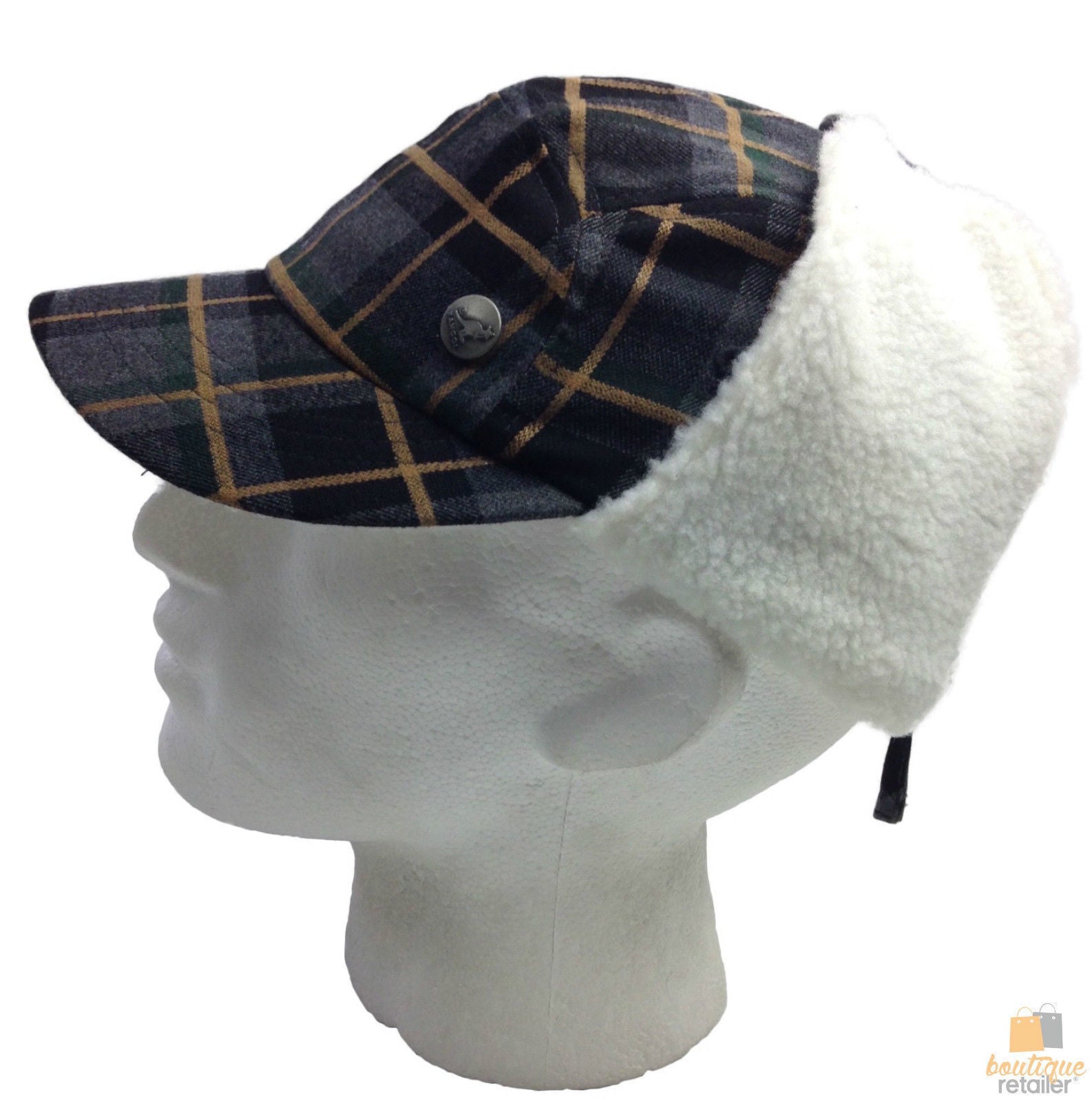 Plaid Supre Trapper Ushanka Hat Sherpa Lined Winter Ear Flap Cap - Grey/Black - S/M V563-KNGOL-K1502FA-CP316-S_M