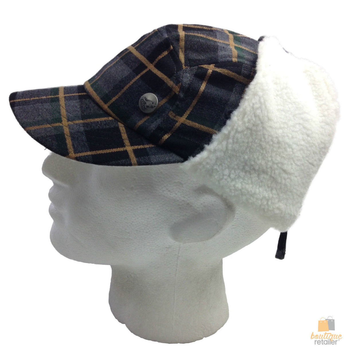 Plaid Supre Trapper Ushanka Hat Sherpa Lined Winter Ear Flap Cap - Grey/Black - S/M V563-KNGOL-K1502FA-CP316-S_M